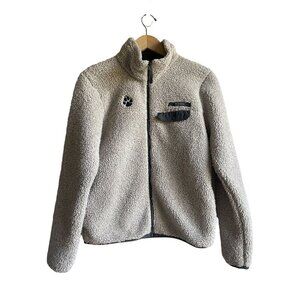 Columbia Full Zip Sherpa Fleece Jacket Dog Puppy Paw Mock Neck Oatmeal Tan Women